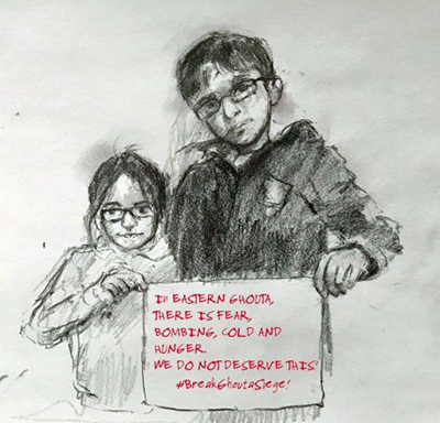 Sham et @Rafida sont frère et sœur, ils tweetent chaque jour : « Dans la Ghouta, il y a la peur, les bombardements, le froid et la faim. Nous ne méritons pas cela ! Brisez le siège de la Ghouta ! » #Breakghoutasiege