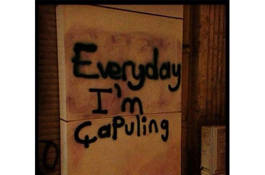 //"Everyday I’m chapulling" (coined from Prime Minister Erdoğan’s use of the term “çapulcu” (looters) to denigrate the protestors. “Çapulcu” was embraced by the protestors, and transformed into other languages in various forms including the English verb version “chapulling”. The term went on the obtain another meaning, and became a symbol of fighting for your rights).
