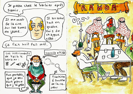 //I go to the barber’s chair after Samir. He puts wax on the yellow areas. He rips out everything four times from each side. It hurts eight times. (Slender eyebrows) (The tools of Talib, the barber). My phone, I hold it tightly because I am scared. Vapor-blowing machine.