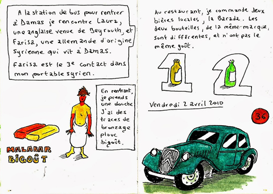 //At the bus station for going back to Damascus, I meet Laura, an English woman coming from Beirut, and Farisa, a German of Syrian descent who lives in Damascus. Farisa is the third contact in my Syrian phone.. Coming back, I take a shower. I have a farmer’s tan. - At the restaurant, I order two local beers, Al-Barada. The two bottles, from the same brand, are different and don’t have the same taste.