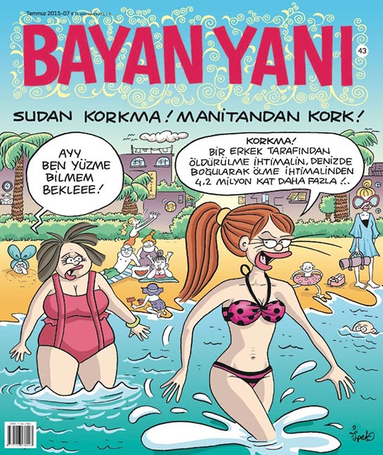 //“Don’t be afraid of the water!” The character to the right says that women are much more likely to be killed by their partners than drowning while swimming.