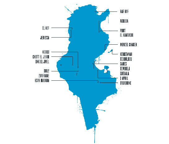 //La carte des villes et villages parcourus par El Seed. Crédit: Livre Lost Walls.