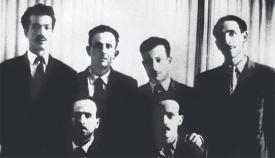 //Les six membres fondateurs du Front de libération nationale (FLN), Mohamed Boudiaf, Ben Boulaïd, Didouche Mourad, Larbi Ben M’Hidi, Krim Belkacem et Rabah Bita (1).