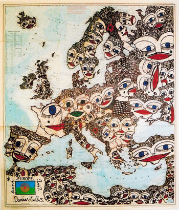 //Artist: Damian Le Bas  Title: Roma Europe  Medium: ink and collage on printed vintage map - Size: 76.5 x 67.3 cm