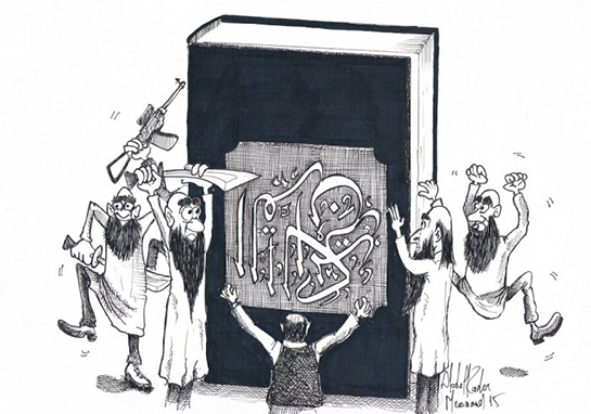 //Quand certains lisent le Coran à l'envers... / Caricature de Kadour  pour le Tunisie Bondy Blog.