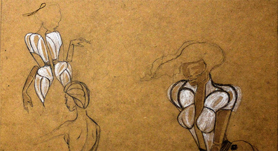 //Pour ses créations, Cléo fait quelques dessins sur planche qu’elle accroche dans son atelier.