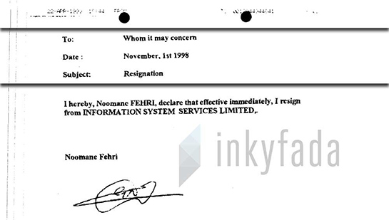 //Lettre de démission de Noomane Fehri de son poste de directeur de la société Information System Services Limited. 