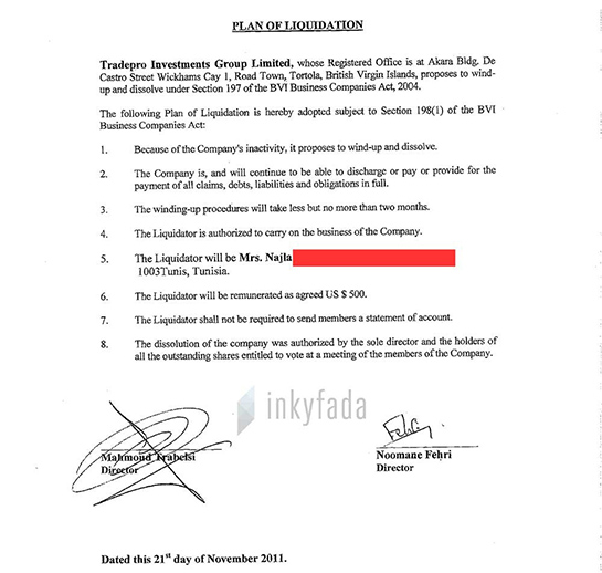 //Extrait du procès verbal de dissolution de la société Tradepro Investments Group Limited signée conjointement, le 21 avril 2011, par Mahmoud Trabelsi et Noomane Fehri. 