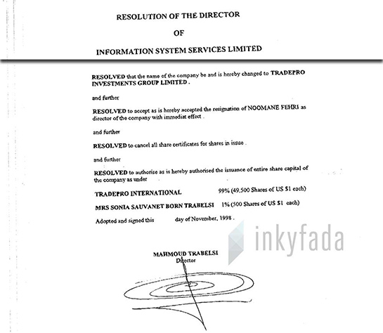 //Procès verbal de redistribution du capital de la société Tradepro Investments Group: 99% (49.500 actions) pour Tradepro International et 1% (500 actions) pour la soeur de Mahmoud Trabelsi. 