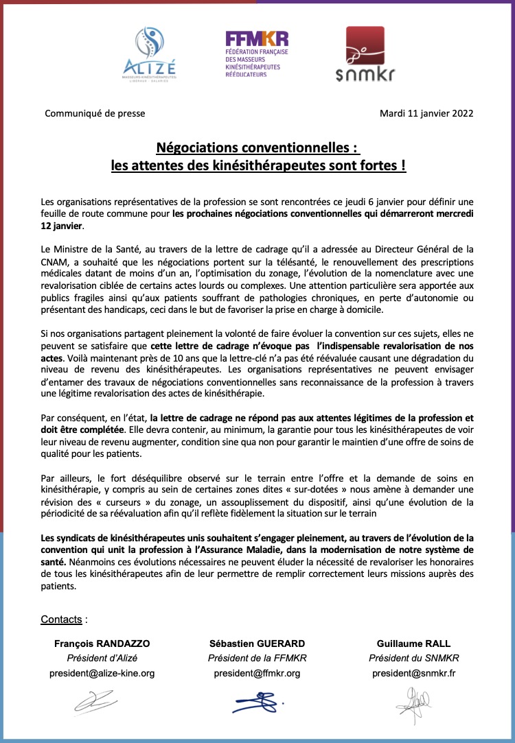 Communiqué de presse commun syndicat de kinésithérapie