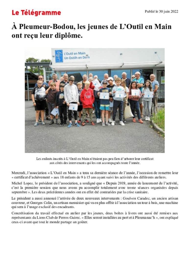 À Pleumeur-Bodou (22), les jeunes de L’Outil en Main ont reçu leur diplôme - Le Télégramme | L'Outil en Main France