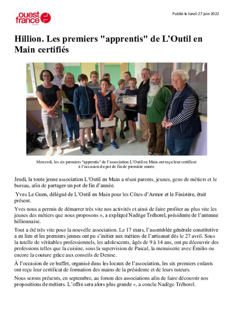 Hillion (22), les premiers "apprentis" de L’Outil en Main certifiés - Ouest-France | L'Outil en Main France