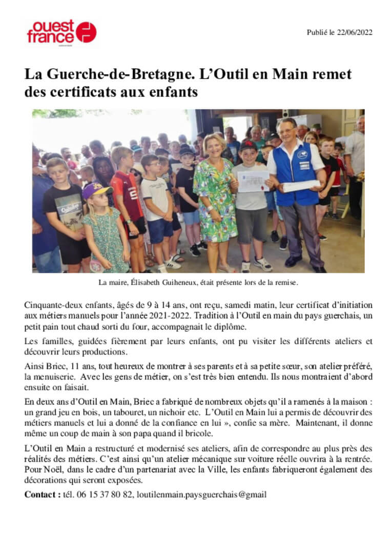 La Guerche-de-Bretagne (35), L’Outil en Main remet des certificats aux enfants - Ouest-France | L'Outil en Main France