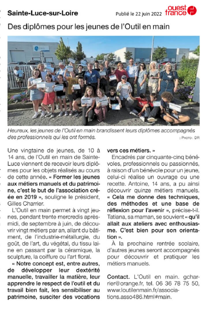 Des dipômes pour les jeunes de L'Outil en Main de Ste Luce (44) - Ouest France | L'Outil en Main France