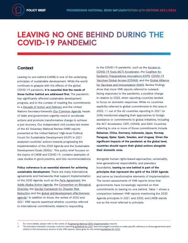 Policy Brief on Leave No One Behind - Progressing National SDGs Implementation report (6th edition) | Forus