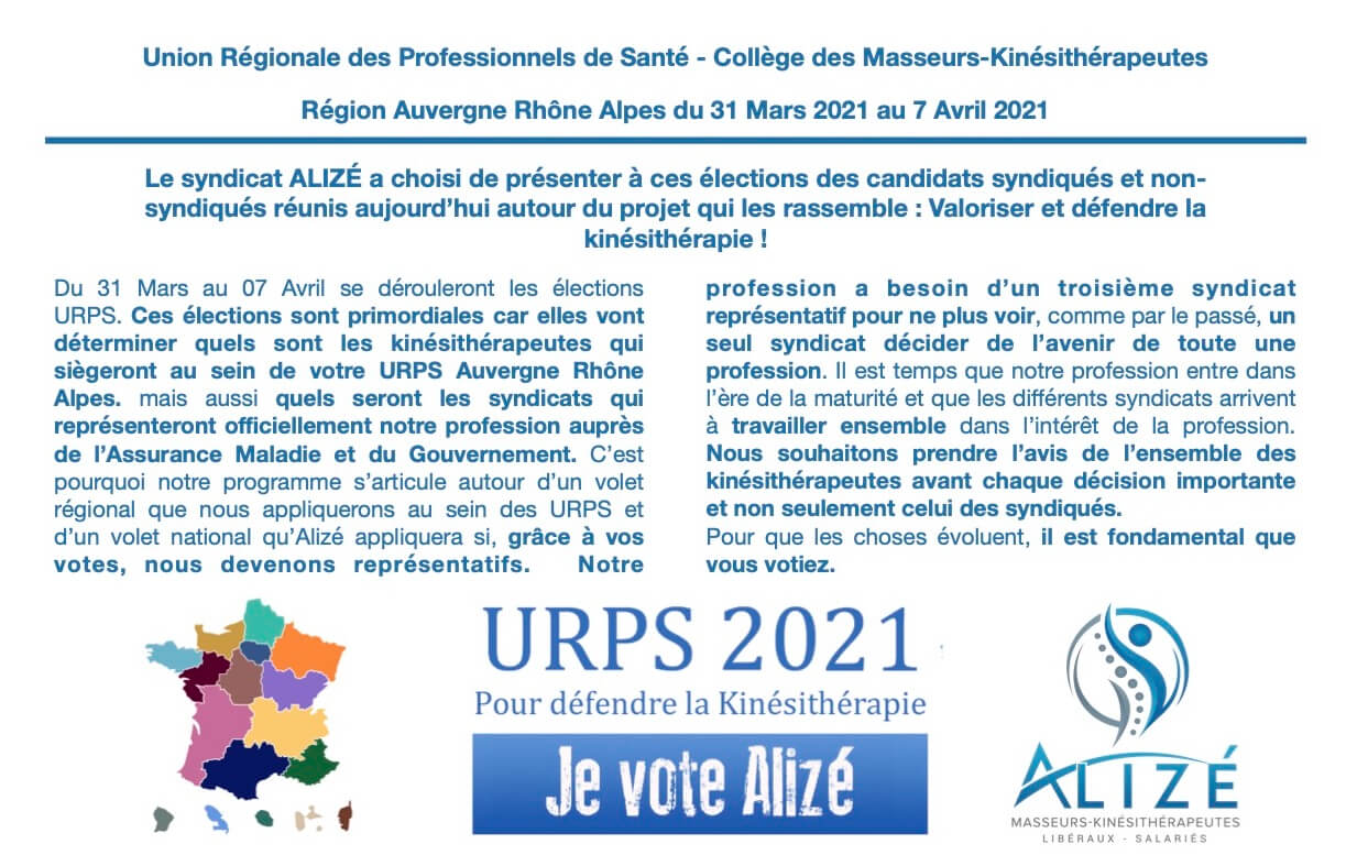 URPS 2021 : Notre profession de Foi pour la région Auvergne Rhône Alpes | Alizé - Syndicat de kinésithérapeutes