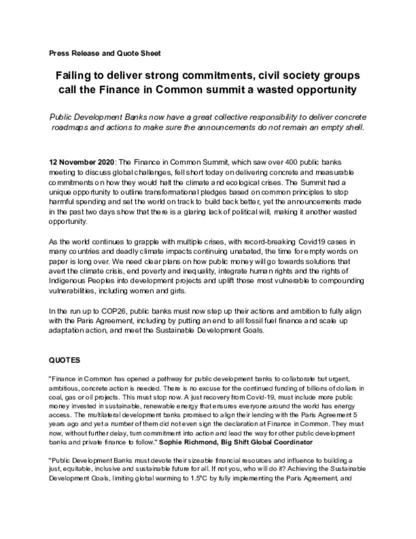 Failing to deliver strong commitments, civil society groups call the Finance in Common summit a wasted opportunity | Forus