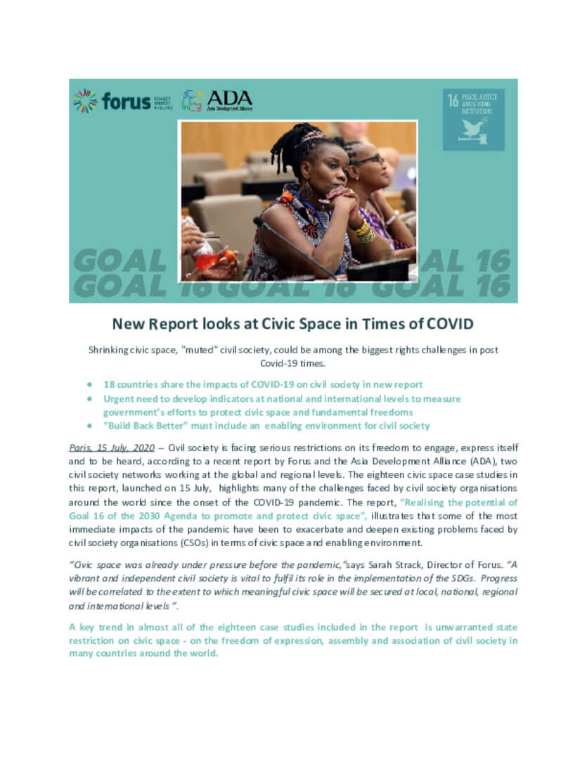 New Report looks at Civic Space in Times of COVID | Forus