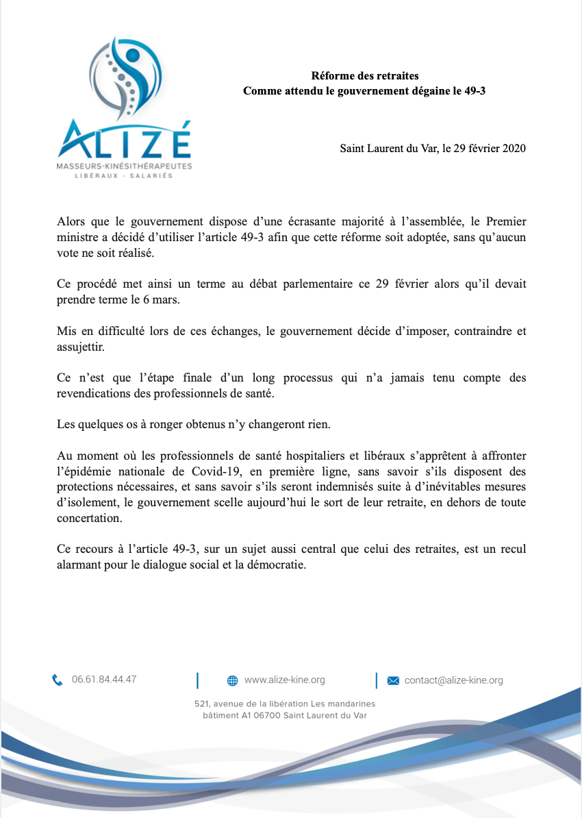 Retraites : le gouvernement dégaine le 49-3... | Alizé - Syndicat de kinésithérapeutes