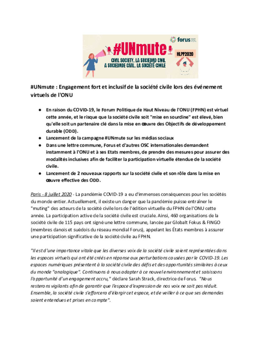 UNmute: Ensure Meaningful Civil Society Participation in the 2020 Virtual HLPF | Forus