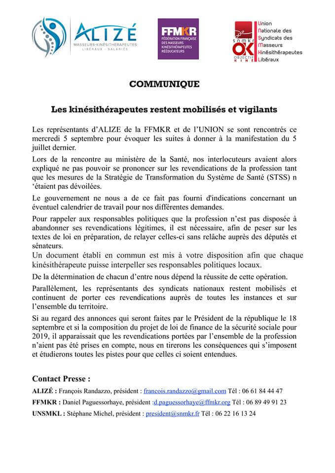Communiqué Réunion intersyndicale du 5 septembre 2018 | Alizé - Syndicat de kinésithérapeutes