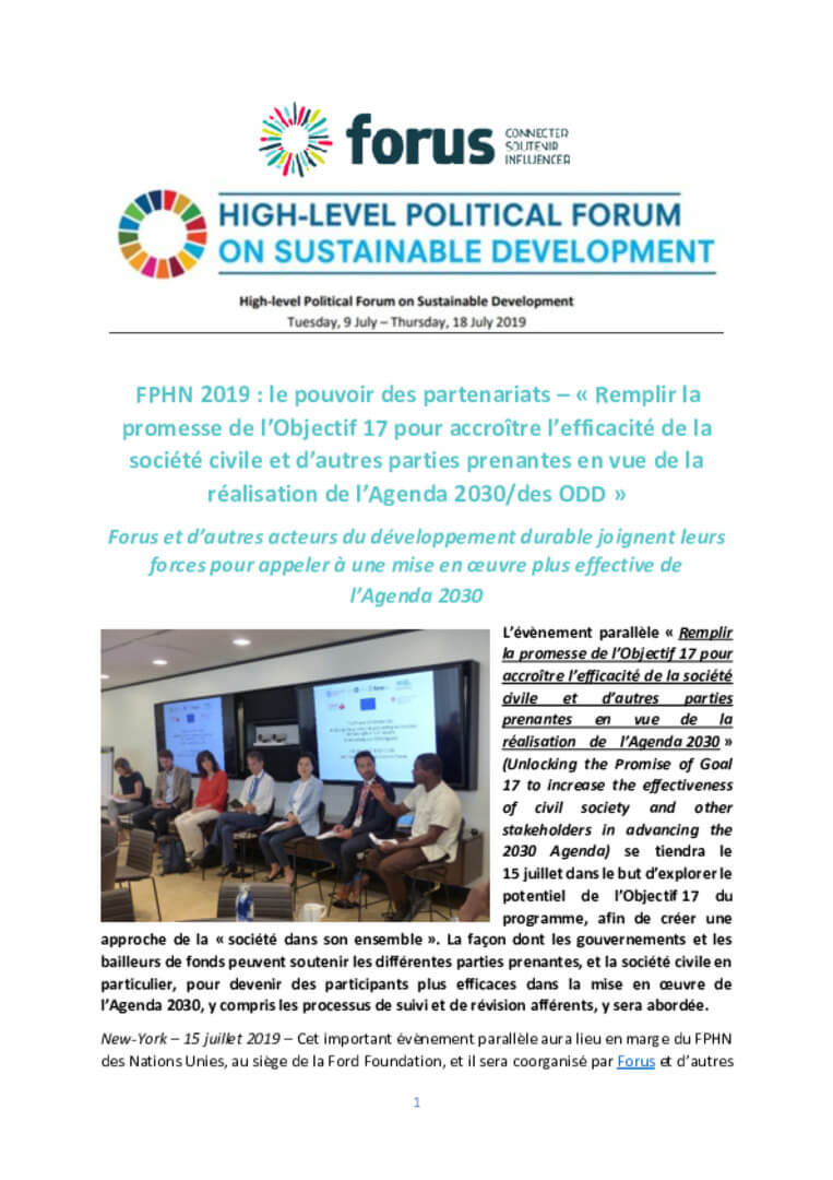 HLPF 2019 - The Power of Partnership – “Unlocking the Promise of Goal 17 to increase the effectiveness of civil society and other stakeholders in advancing the 2030 Agenda” | Forus