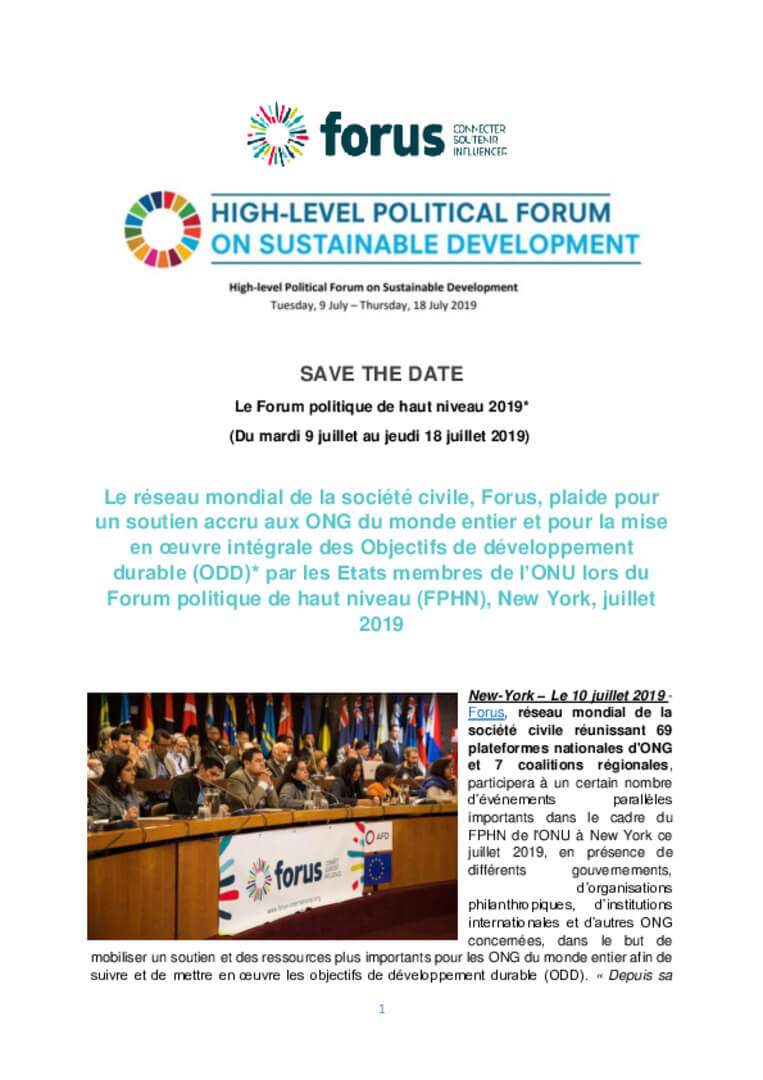 Save the date HLPF 2019 - Forus advocates for more support for NGOs worldwide and for full implementation of the Sustainable Development Goals (SDGs) | Forus