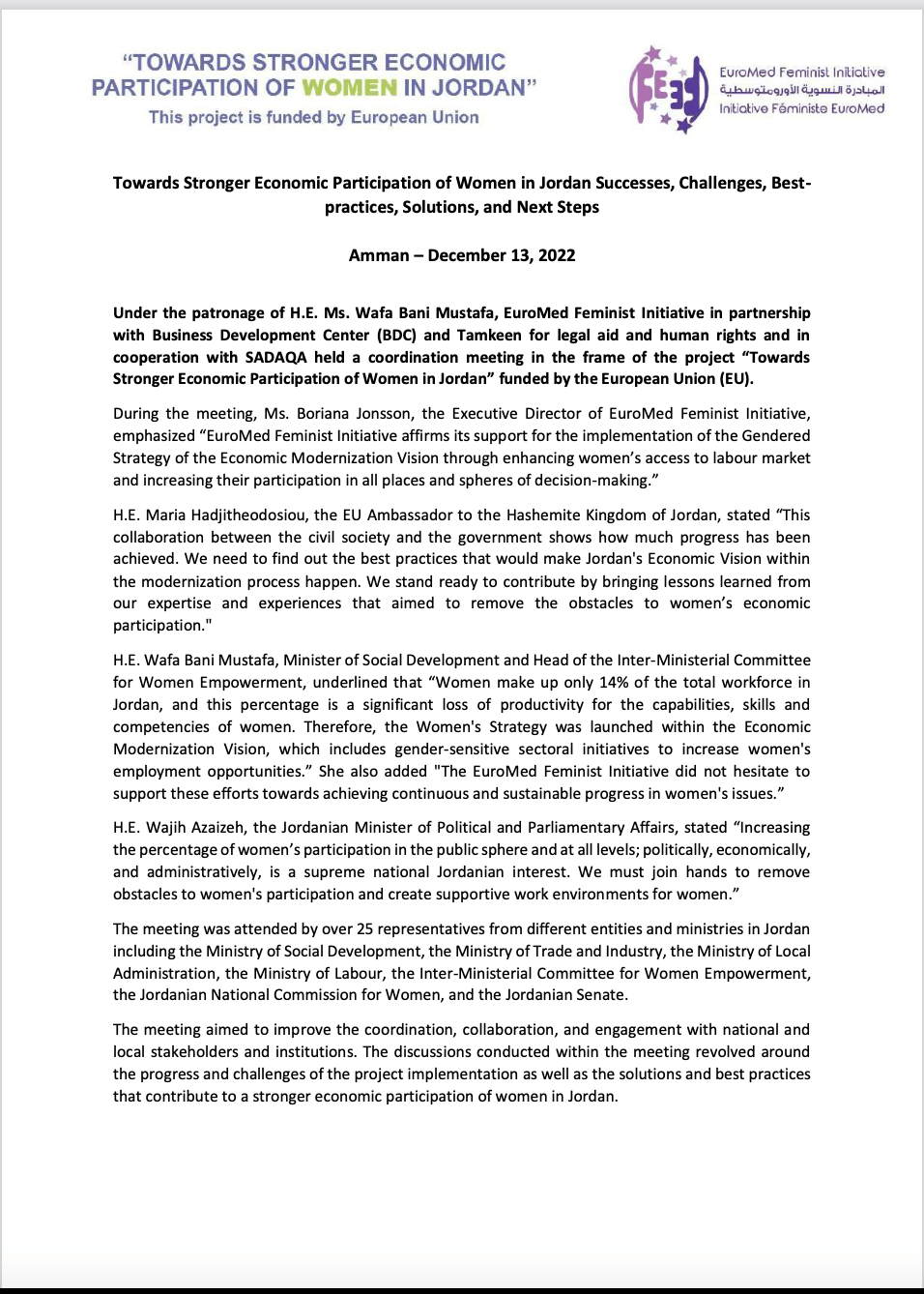 Towards Stronger Economic Participation of Women in Jordan Successes, Challenges, Best-practices, Solutions, and Next Steps | EFI - EuroMed Feminist Initiative