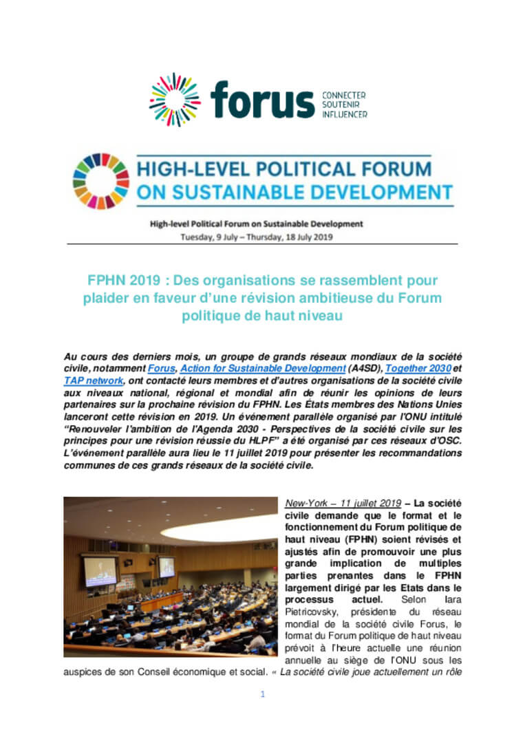 HLPF 2019 - Civil Society Organizations come together to advocate for an ambitious review of the High-level Political Forum | Forus