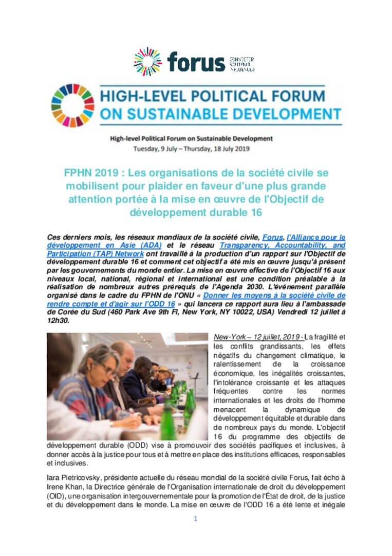 HLPF 2019 - Civil Society Organizations come together to advocate for an increased focus on the implementation of Goal 16 | Forus