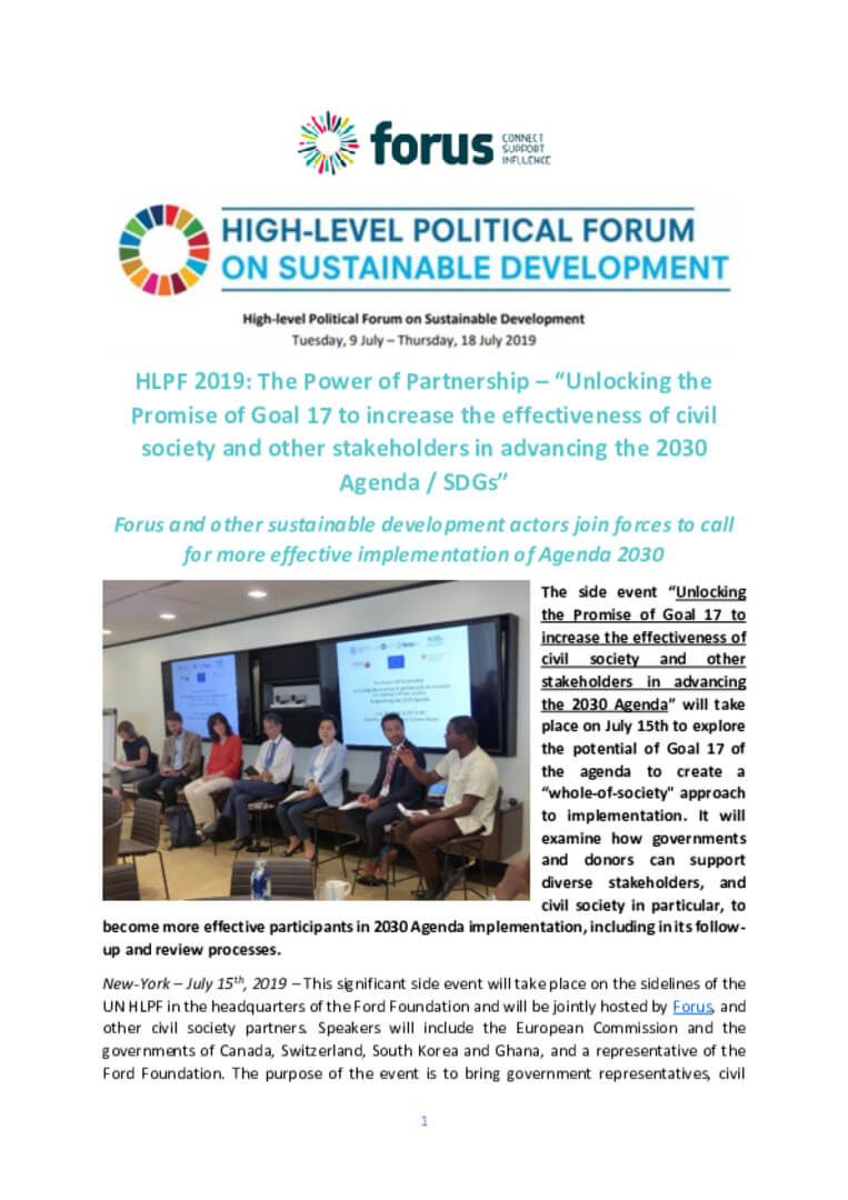 HLPF 2019 - The Power of Partnership – “Unlocking the Promise of Goal 17 to increase the effectiveness of civil society and other stakeholders in advancing the 2030 Agenda” | Forus