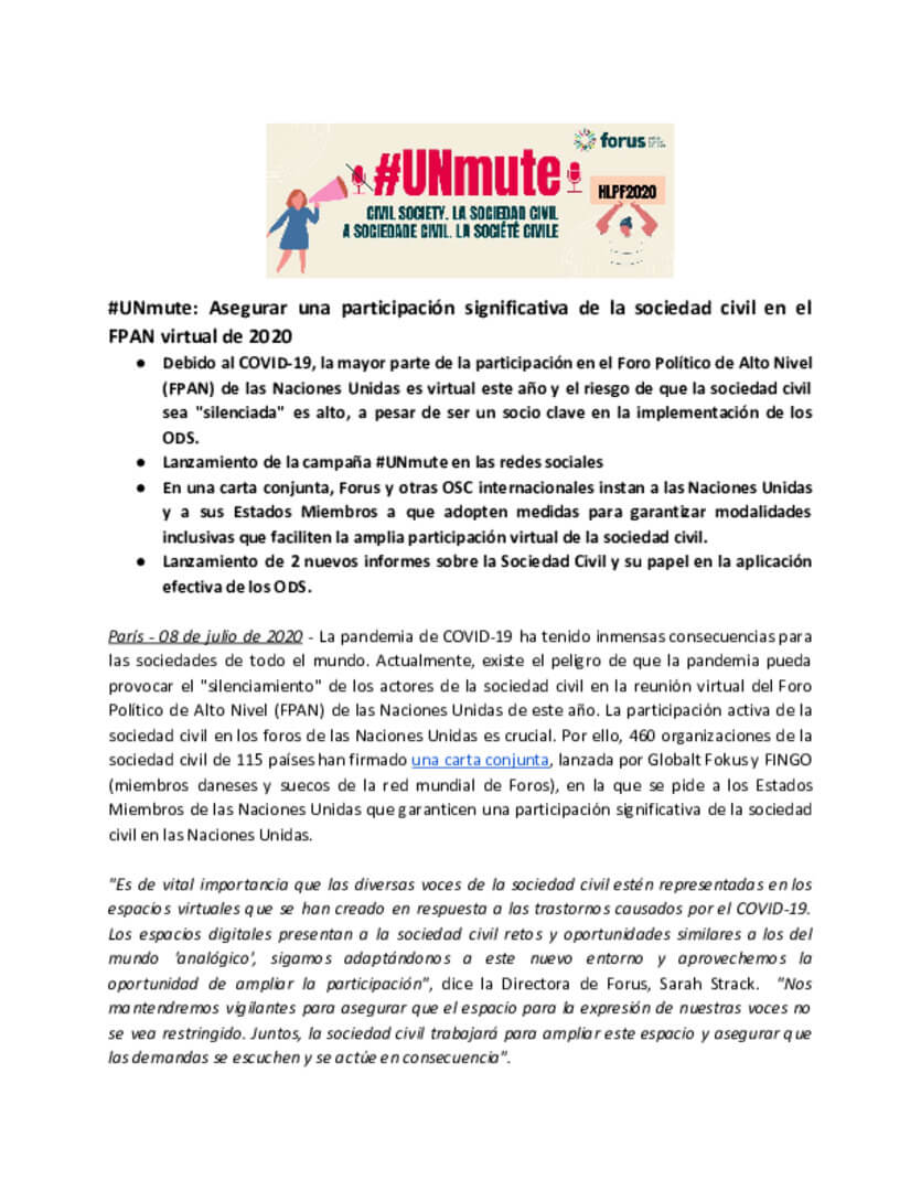 UNmute: Ensure Meaningful Civil Society Participation in the 2020 Virtual HLPF | Forus