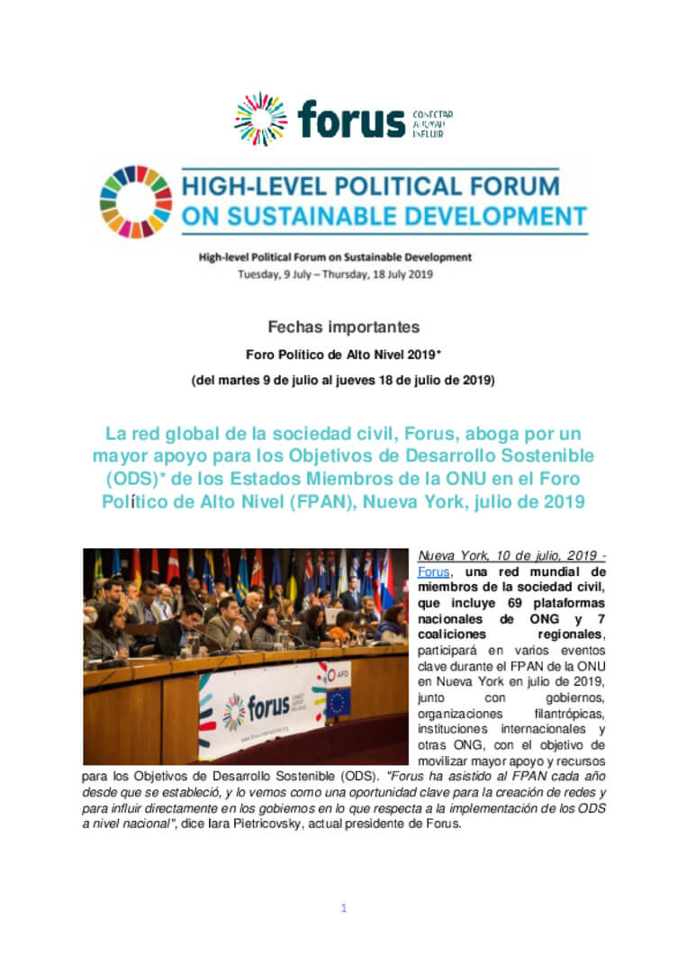 Save the date HLPF 2019 - Forus advocates for more support for NGOs worldwide and for full implementation of the Sustainable Development Goals (SDGs) | Forus