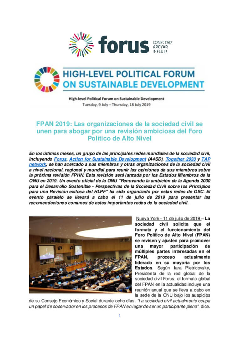 HLPF 2019 - Civil Society Organizations come together to advocate for an ambitious review of the High-level Political Forum | Forus