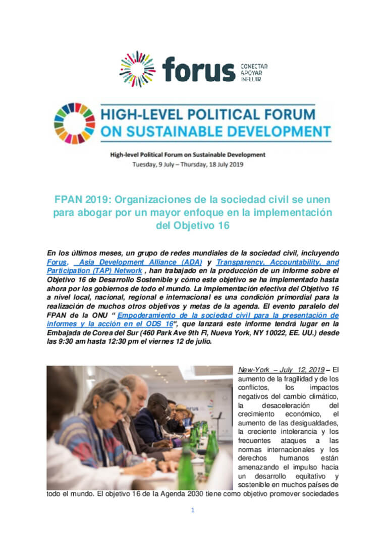 HLPF 2019 - Civil Society Organizations come together to advocate for an increased focus on the implementation of Goal 16 | Forus