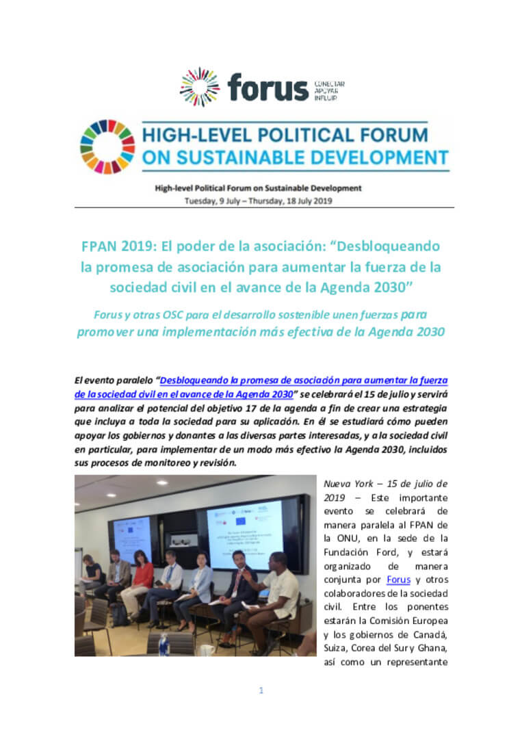 HLPF 2019 - The Power of Partnership – “Unlocking the Promise of Goal 17 to increase the effectiveness of civil society and other stakeholders in advancing the 2030 Agenda” | Forus