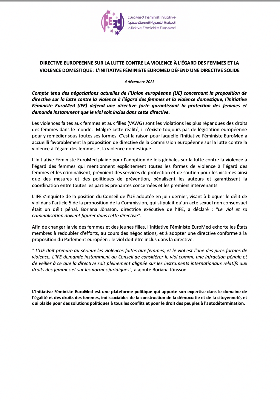 Statement: EU directive on combatting violence against women and domestic violence: EuroMed Feminist Initiative stands for a robust directive | EFI - EuroMed Feminist Initiative