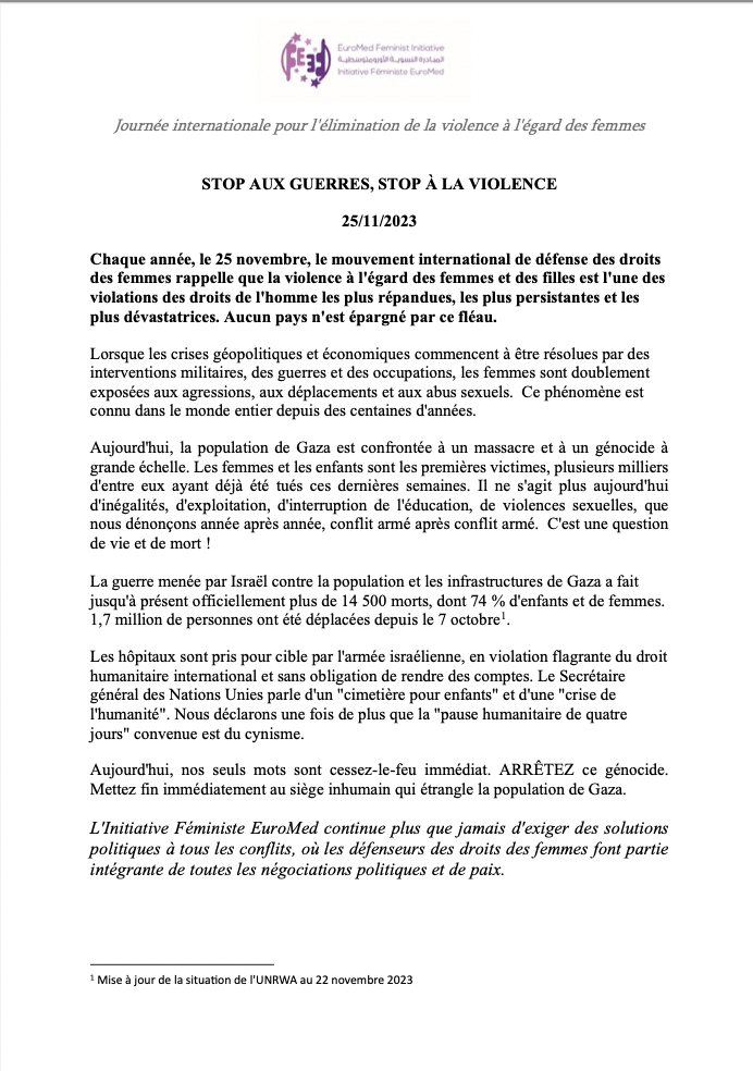 Statement: Stop to wars, stop to violence | EFI - EuroMed Feminist Initiative