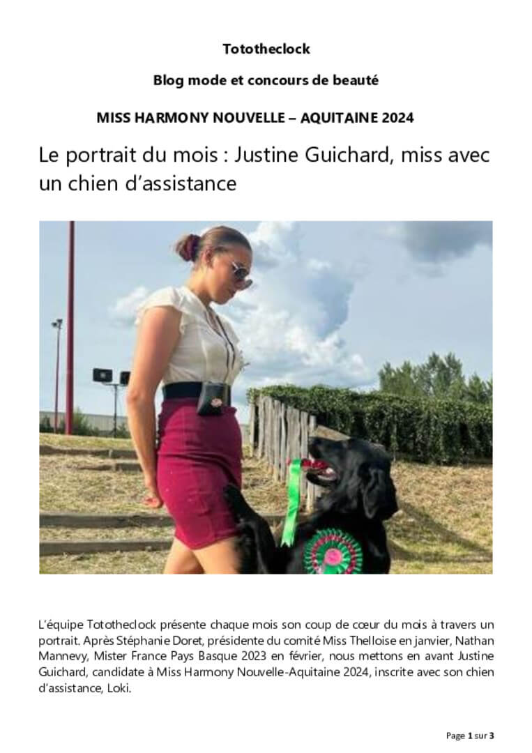 JUSTINE ET LOKI A LA UNE MISS HARMONY NOUVELLE AQUITAINE 2024 | FCAPI - France Chiens d'Assitance Personnalisé et indidualisé