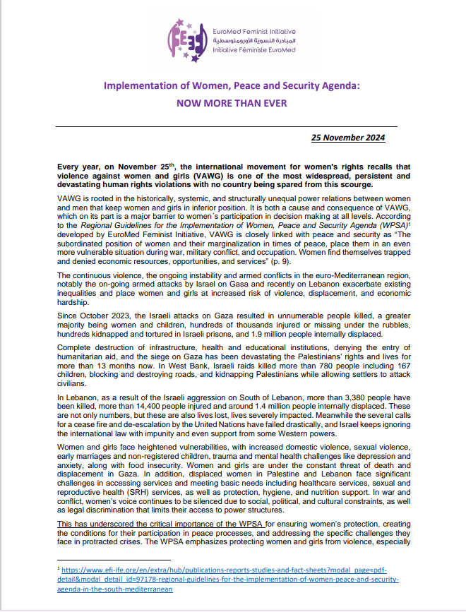 Implementation of Women, Peace and Security Agenda: NOW MORE THAN EVER | EFI - EuroMed Feminist Initiative