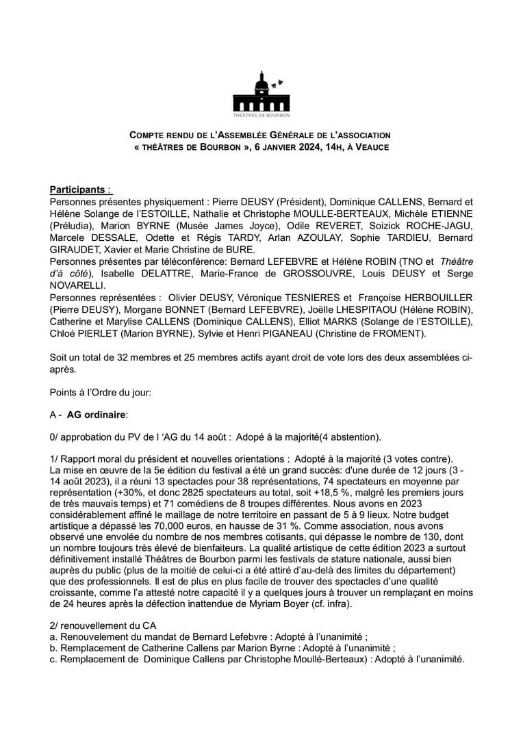Compte rendu de l'AG du 6 janvier 2024 | Théâtres de Bourbon