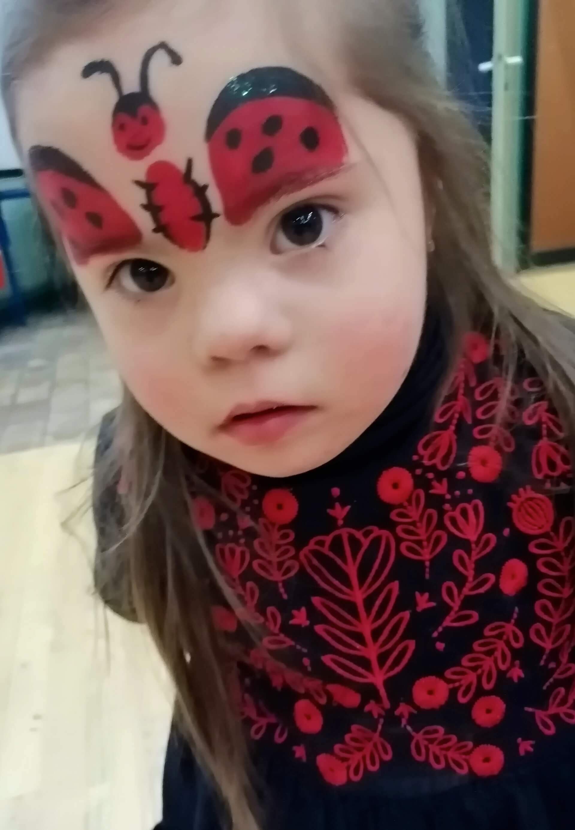 une petite fille avec trisomie  porte un maquillage coccinelle sur le visage | Trisomie 21 Nouvelle Aquitaine