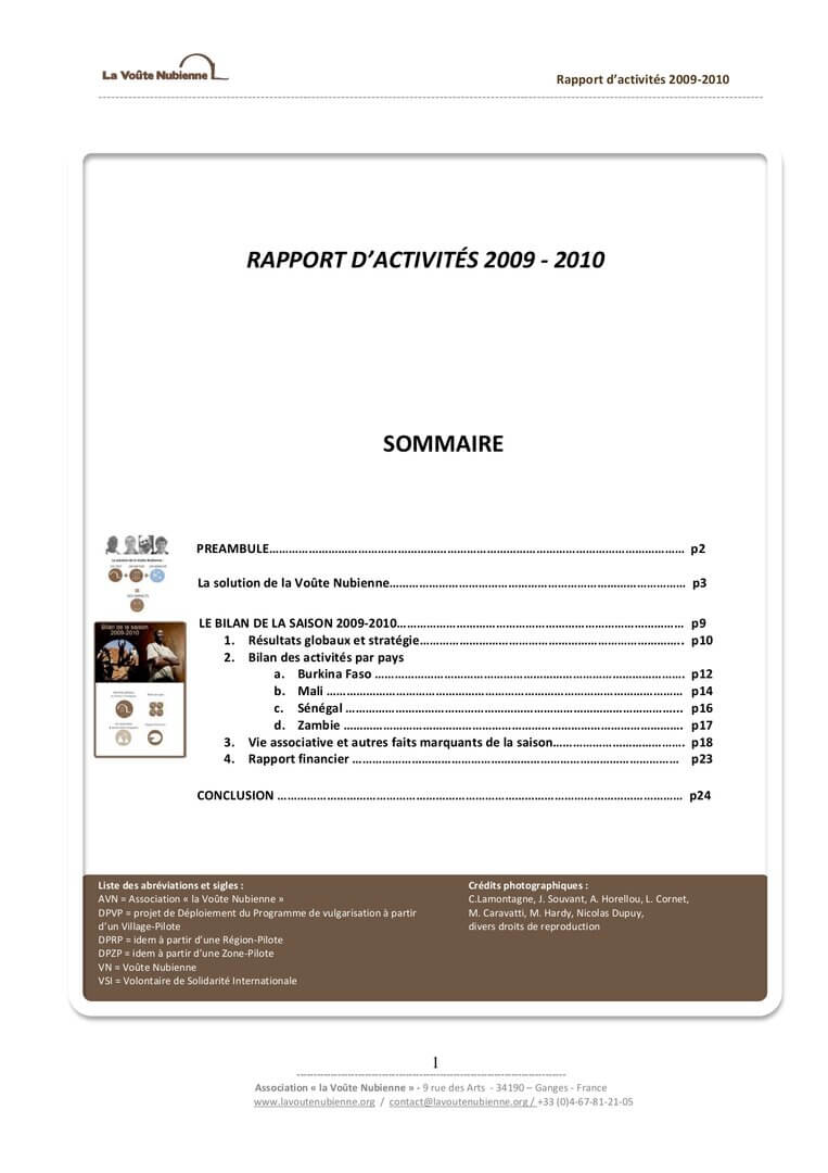 Rapport d’activité 2009-2010 | La Voûte Nubienne