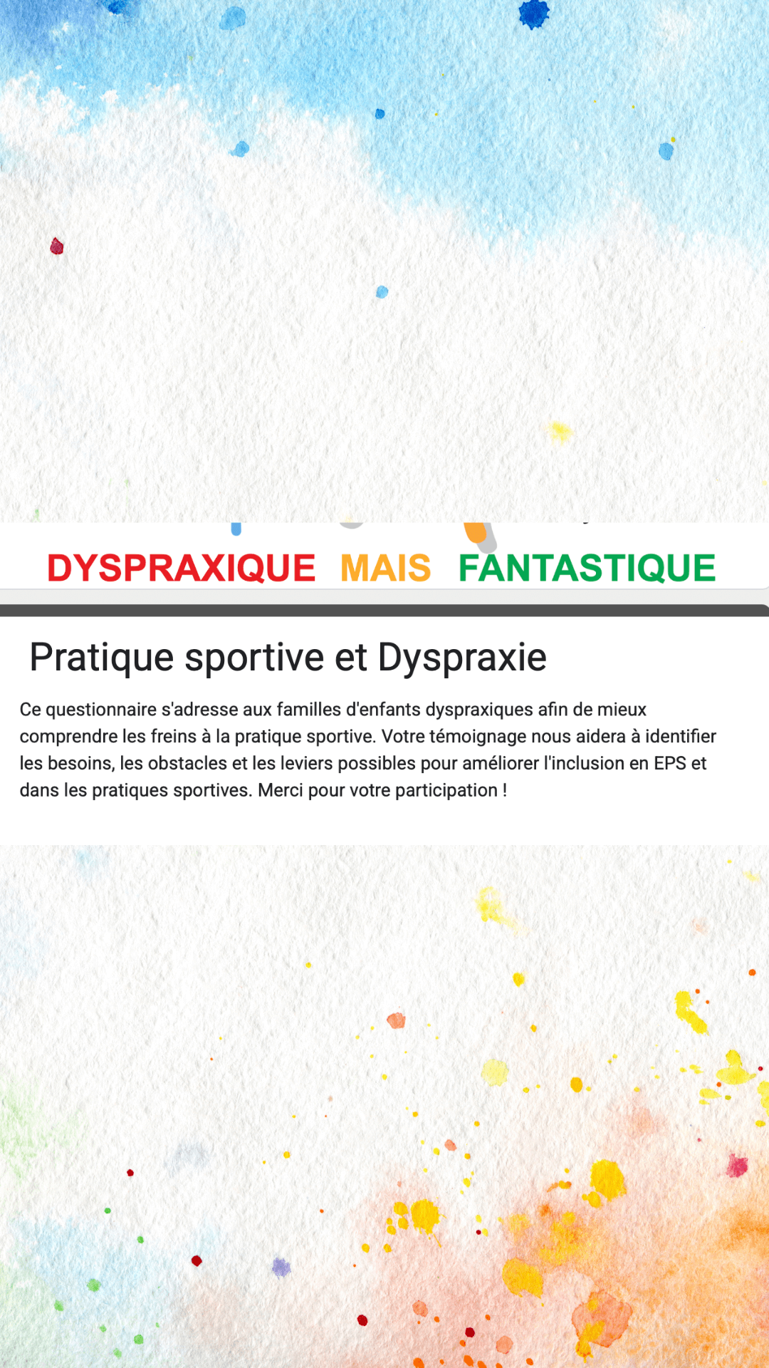 Enquête, pratique sportive et Dyspraxie | FDMF - Fédération Dyspraxique Mais Fantastique