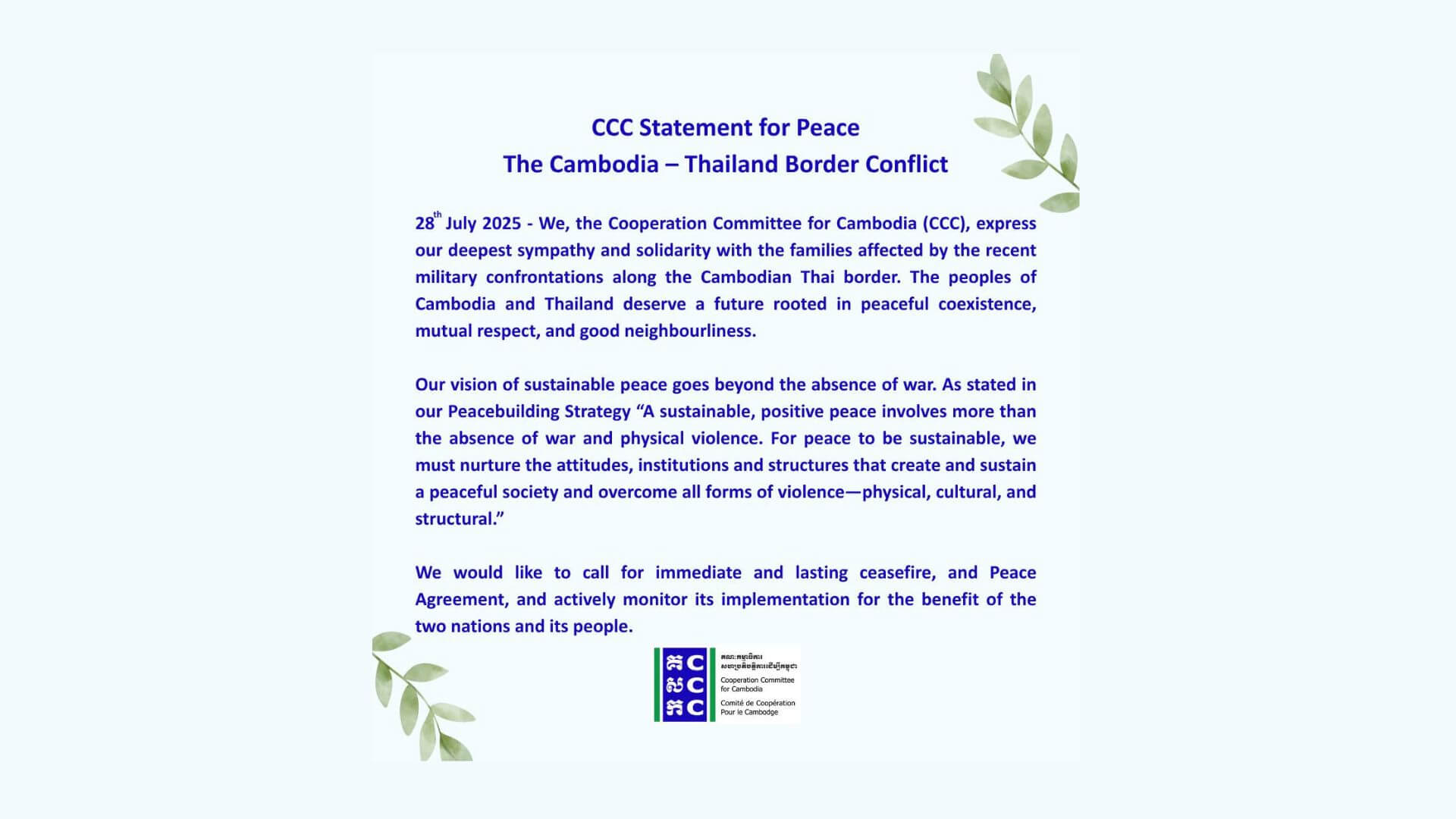 CCC Statement on  The Cambodia–Thailand Border Conflict  28th July 2025 | Forus