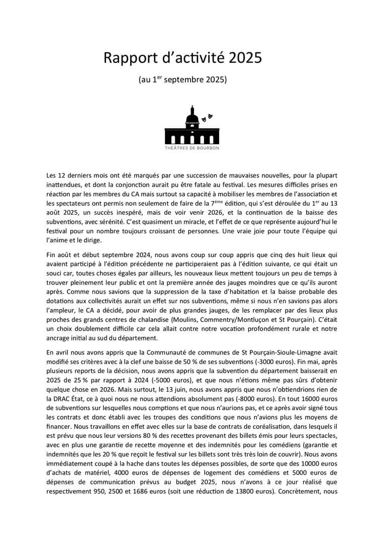 rapport d activite post festival 2025 | Théâtres de Bourbon