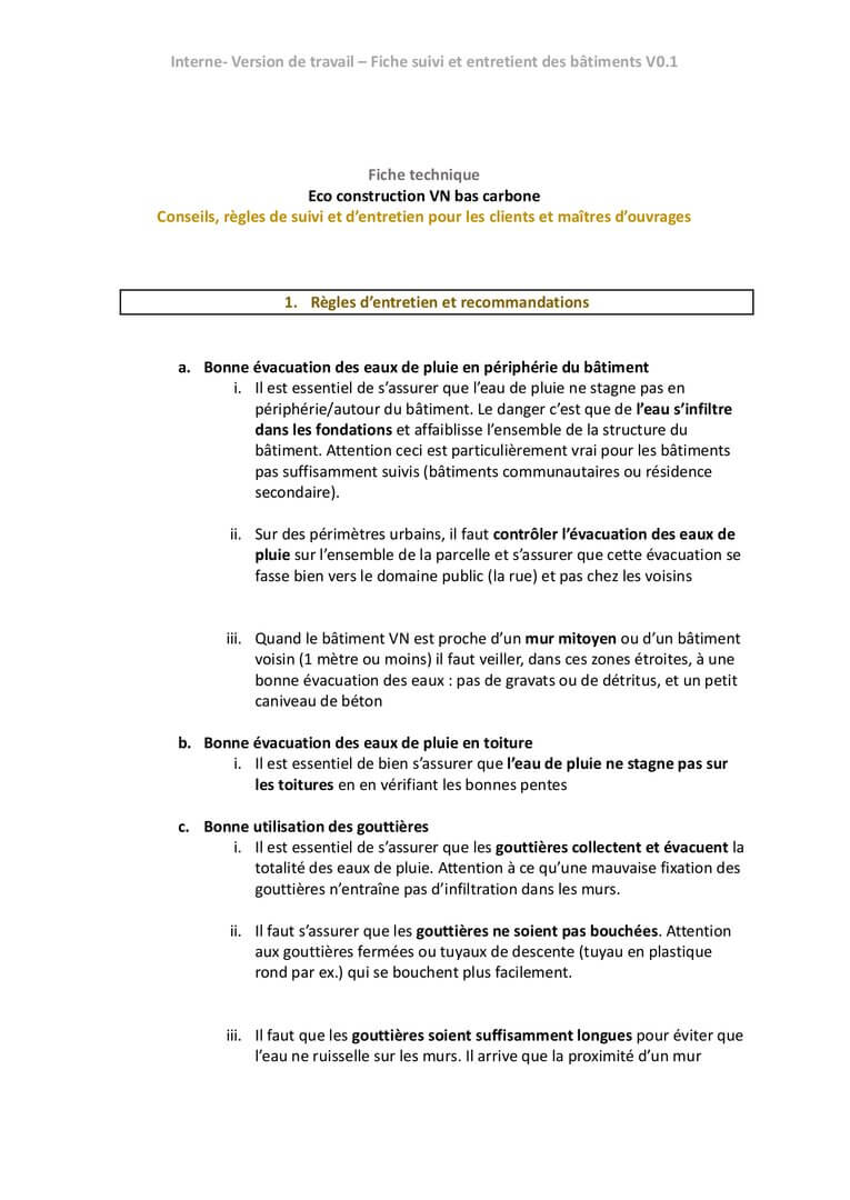 Fiche technique - Suivi et entretien des bâtiments VN V1.0 | La Voûte Nubienne