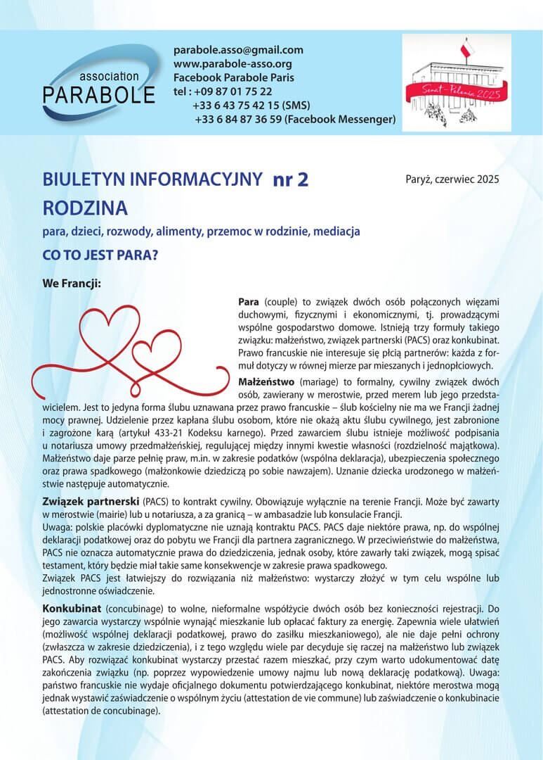 Biuletyn n°2 : "Rodzina - para, dzieci, rozwody, alimenty, przemoc, mediacja" | Parabole
