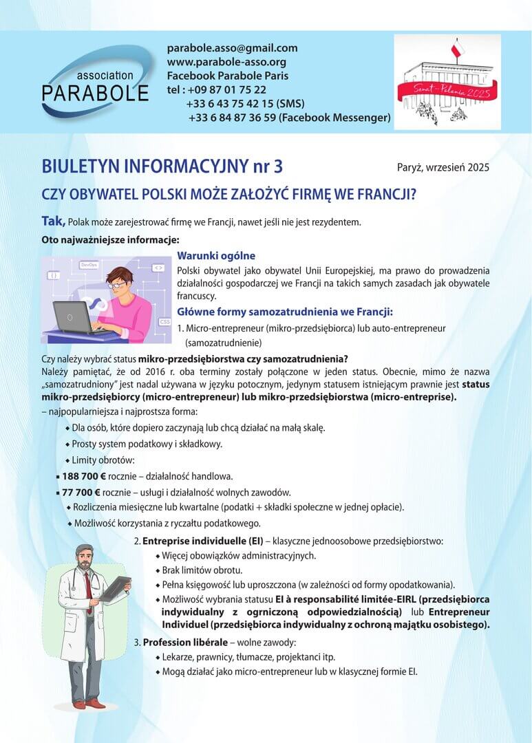 Biuletyn n°3 : "Samozatrudnienie : czy obywatel Polski może założyć firmę we Francji ?" | Parabole