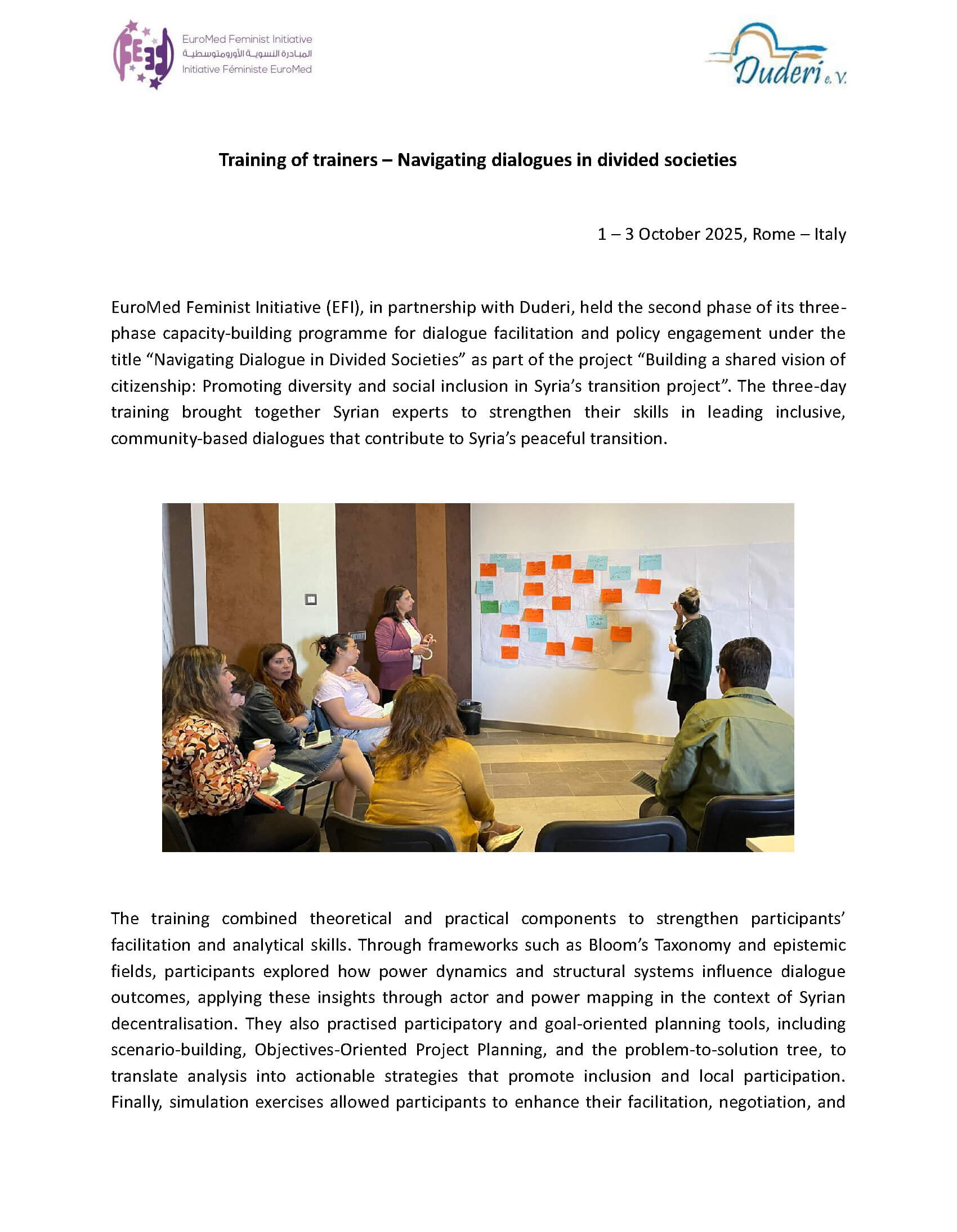 Training of trainers – Navigating dialogues in divided societies | EFI - EuroMed Feminist Initiative